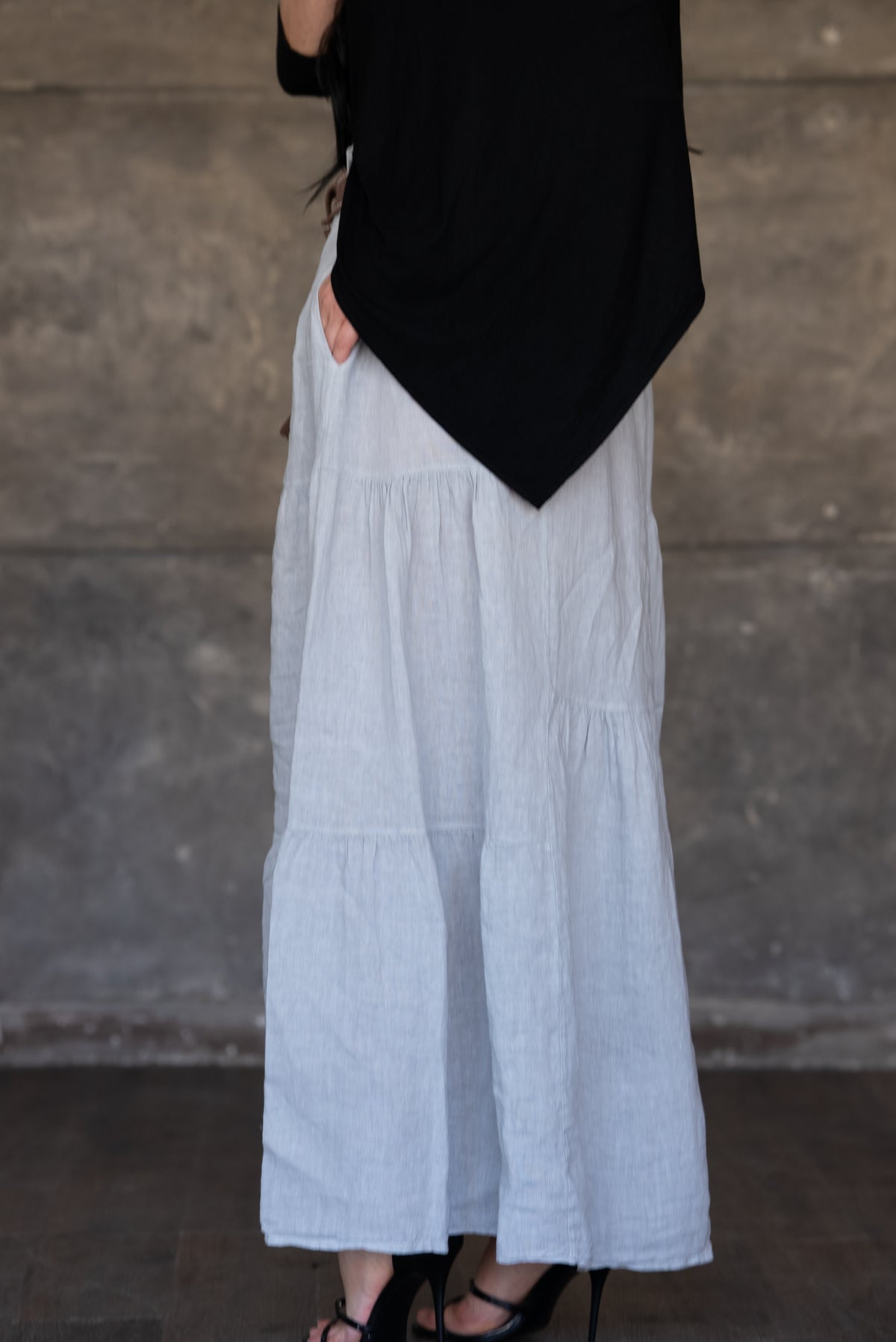 Light Grey Tiered Linen Maxi Skirt