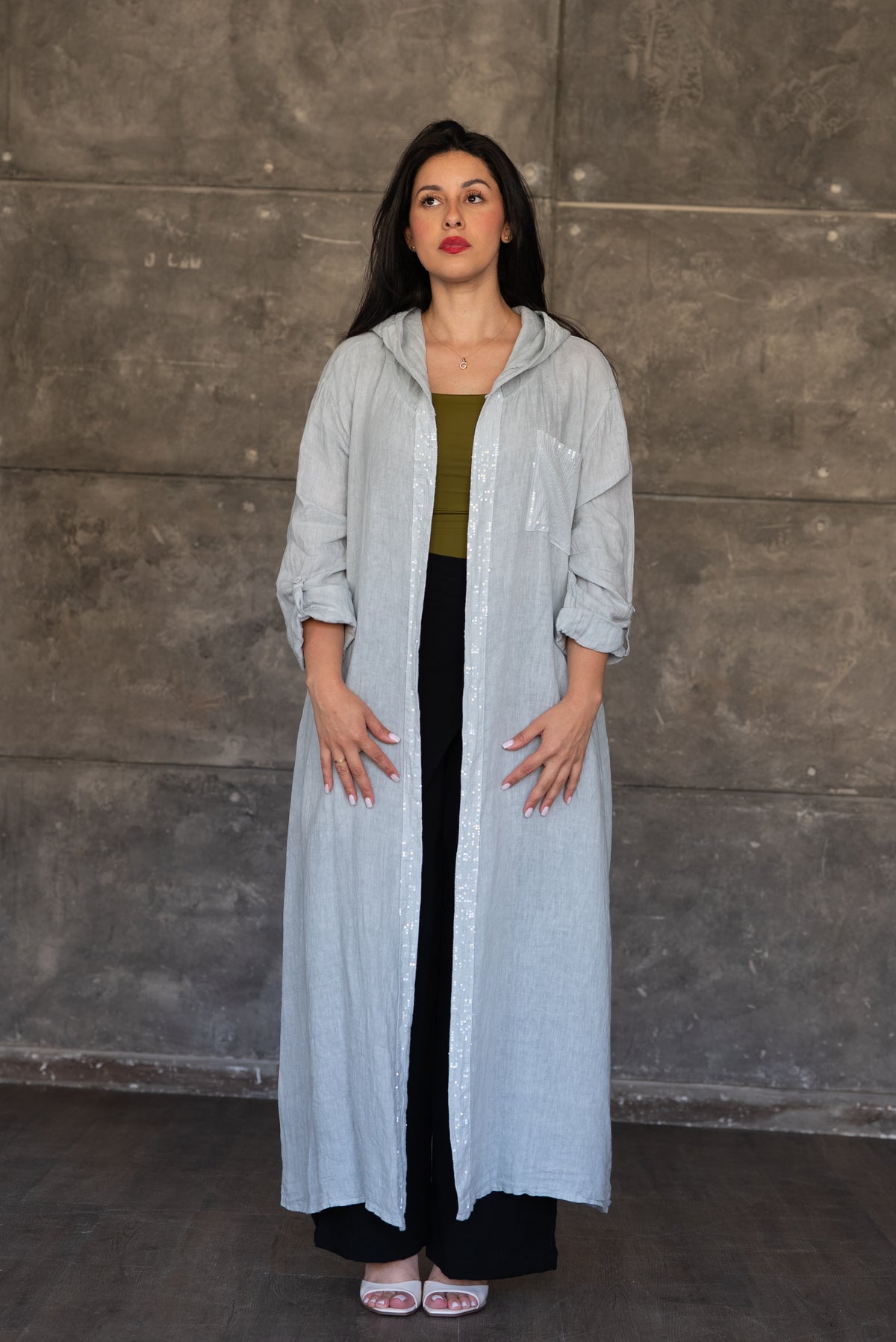 Light Grey Hooded Open Cardigan with Sequin Trim