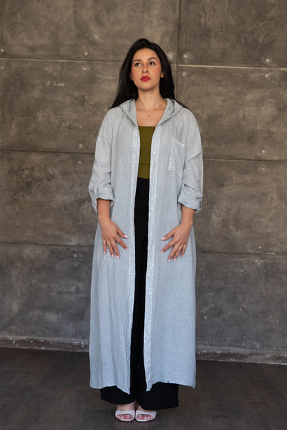 Light Grey Hooded Open Cardigan with Sequin Trim