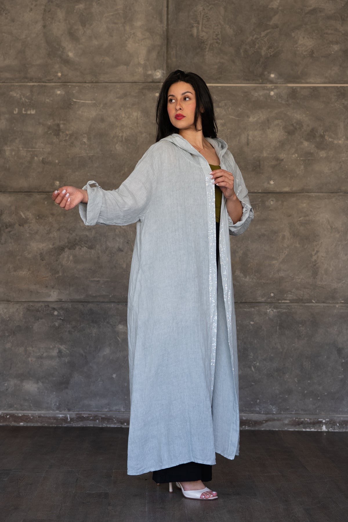 Light Grey Hooded Open Cardigan with Sequin Trim