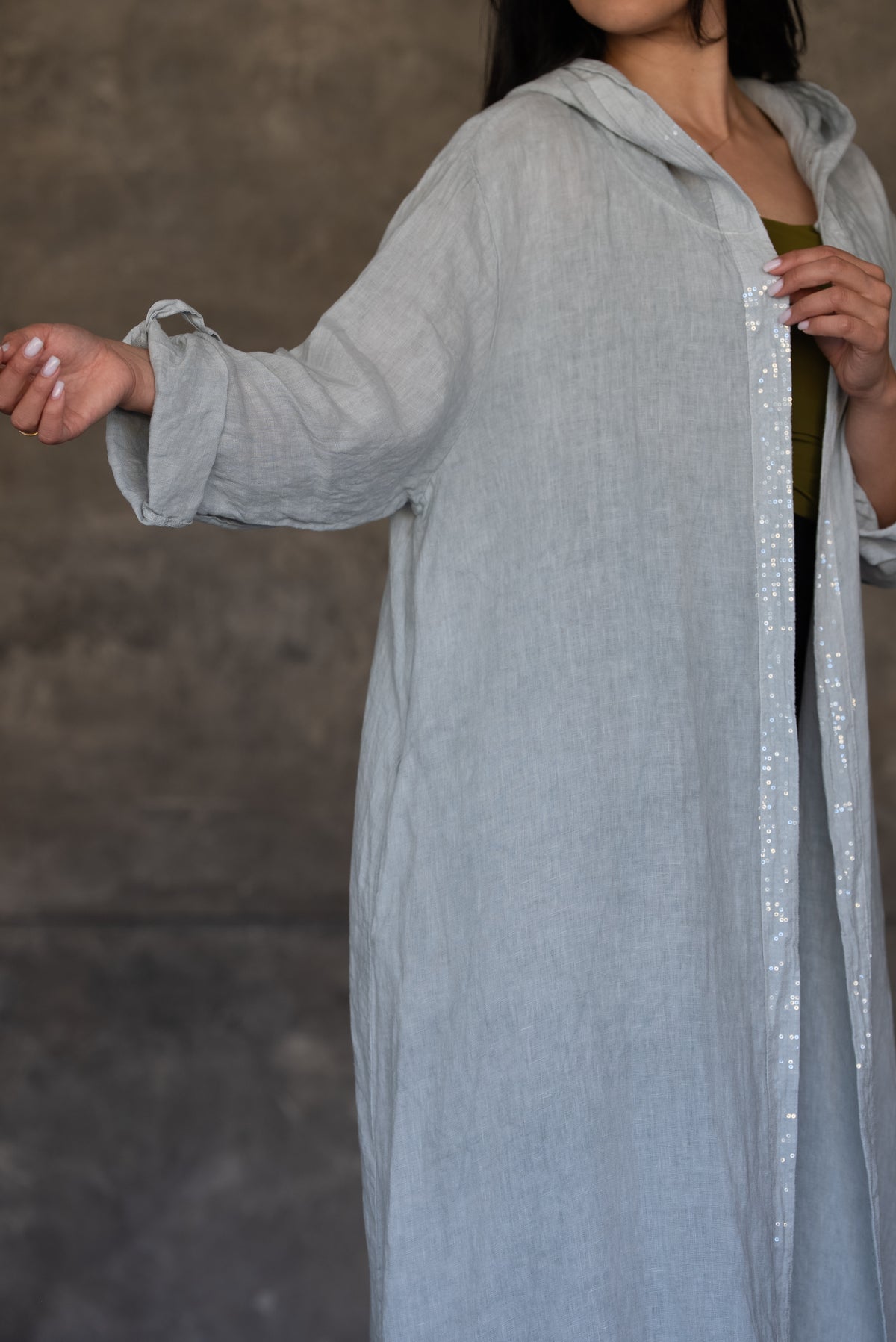 Light Grey Hooded Open Cardigan with Sequin Trim