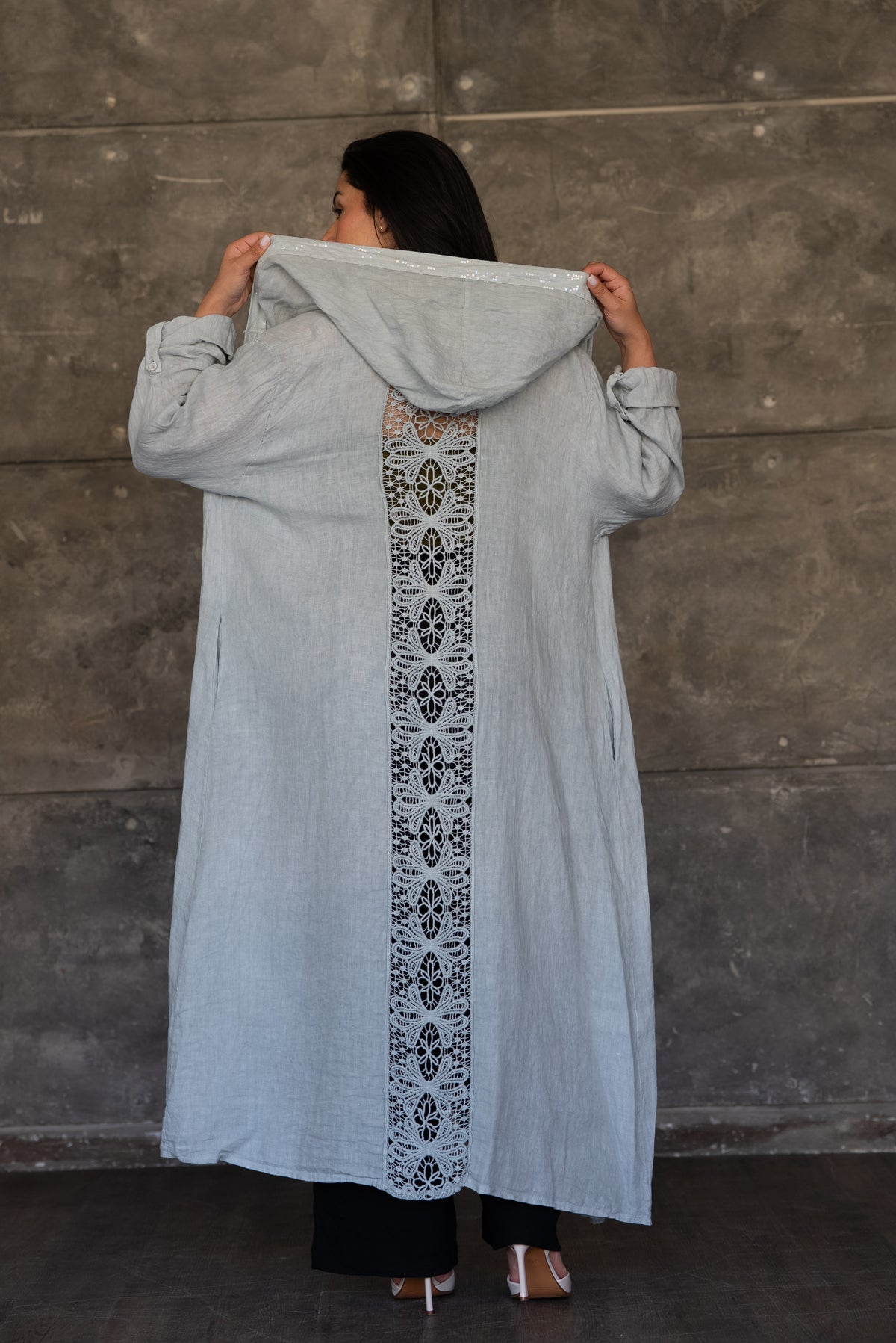 Light Grey Hooded Open Cardigan with Sequin Trim