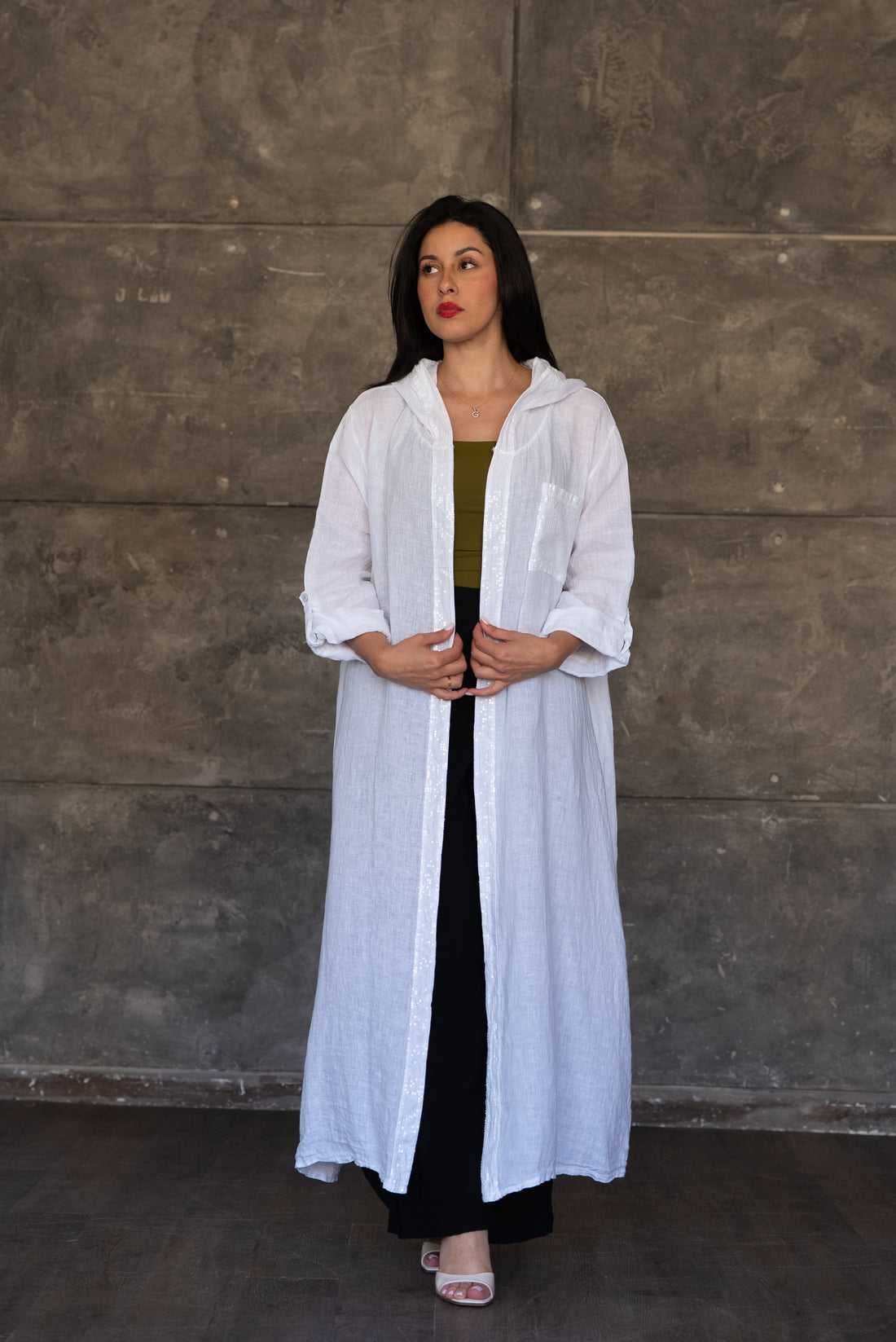 White Hooded Linen Open Cardigan with Sequin Trim