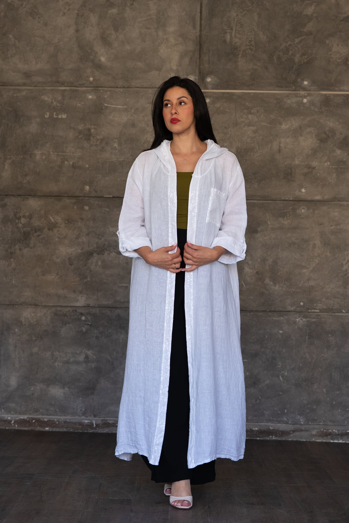 White Hooded Linen Open Cardigan with Sequin Trim