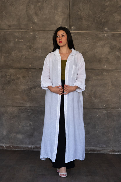 White Hooded Linen Open Cardigan with Sequin Trim