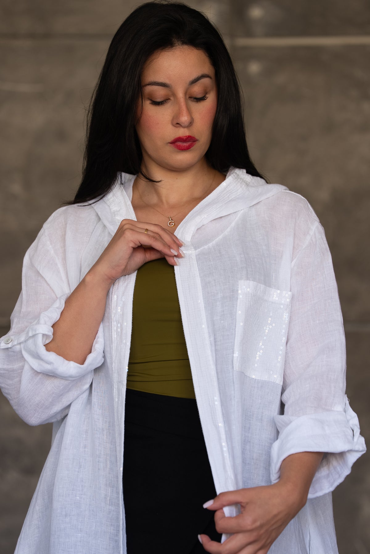 White Hooded Linen Open Cardigan with Sequin Trim