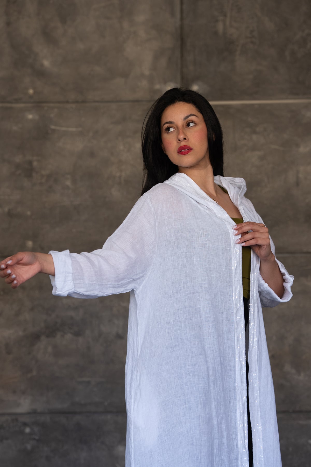 White Hooded Linen Open Cardigan with Sequin Trim
