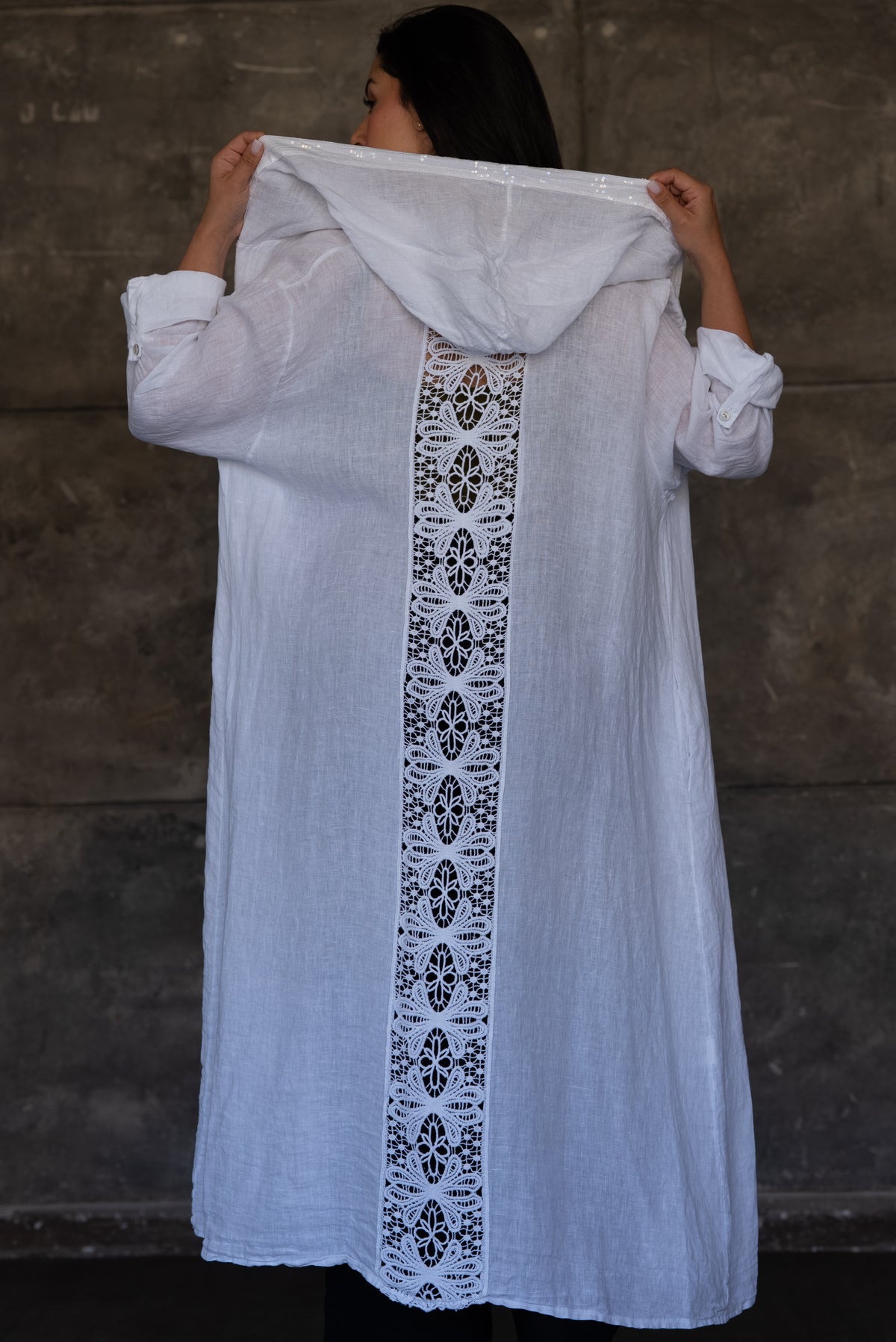 White Hooded Linen Open Cardigan with Sequin Trim