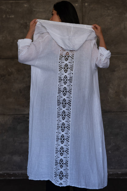 White Hooded Linen Open Cardigan with Sequin Trim