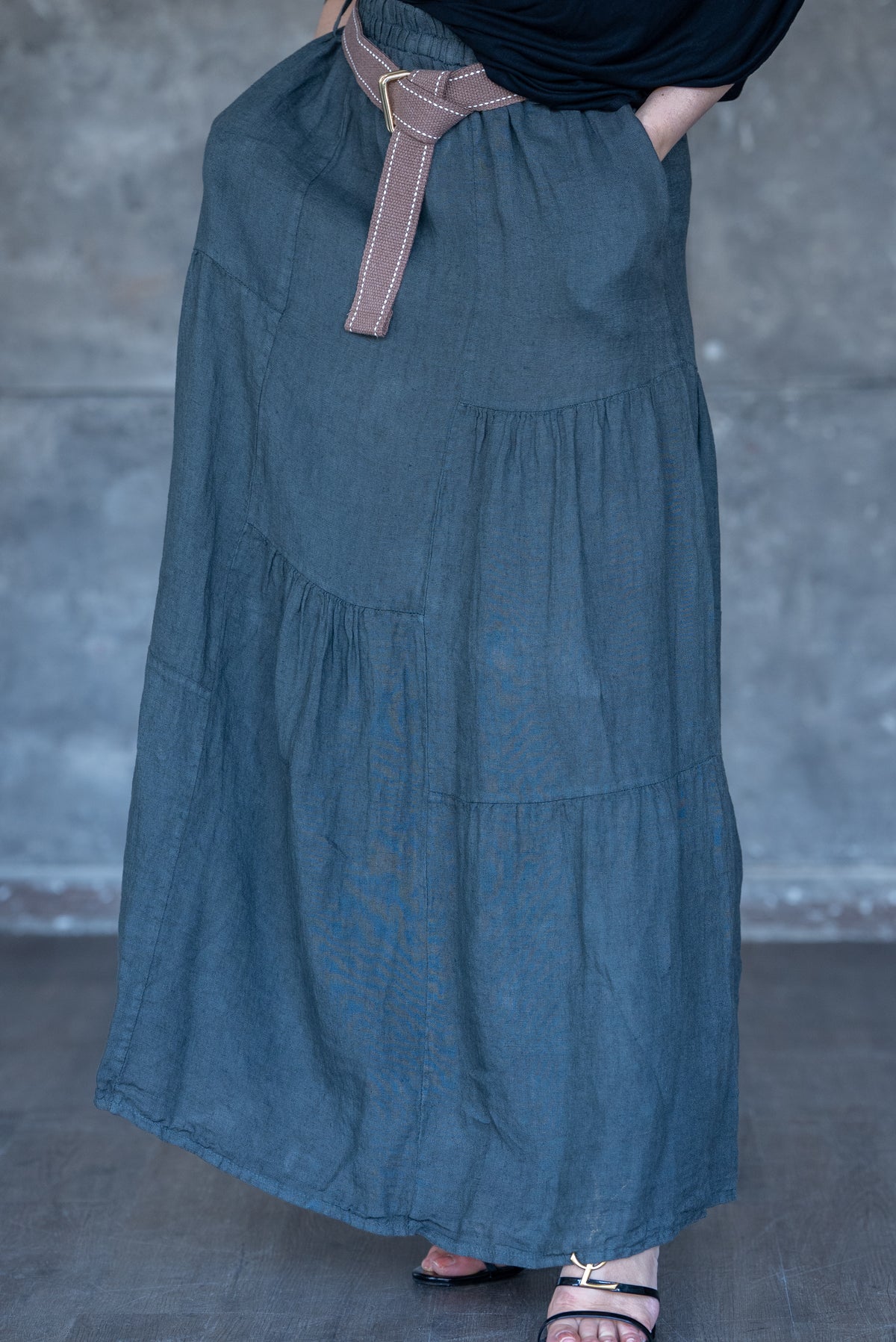 Charcoal Tiered Linen Maxi Skirt