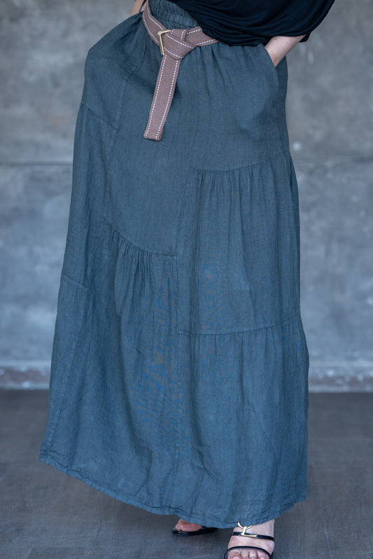 Charcoal Tiered Linen Maxi Skirt