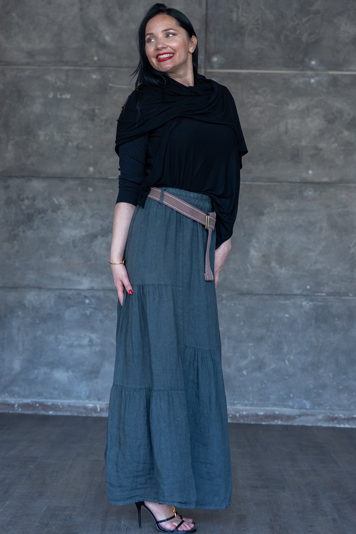 Charcoal Tiered Linen Maxi Skirt