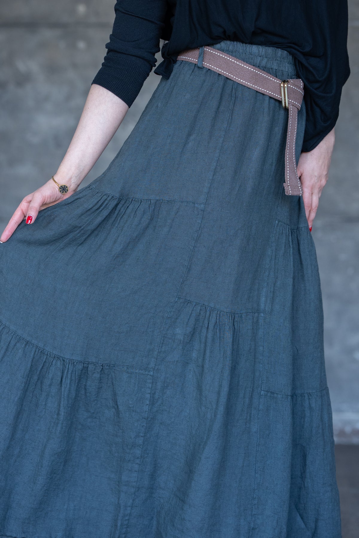 Charcoal Tiered Linen Maxi Skirt