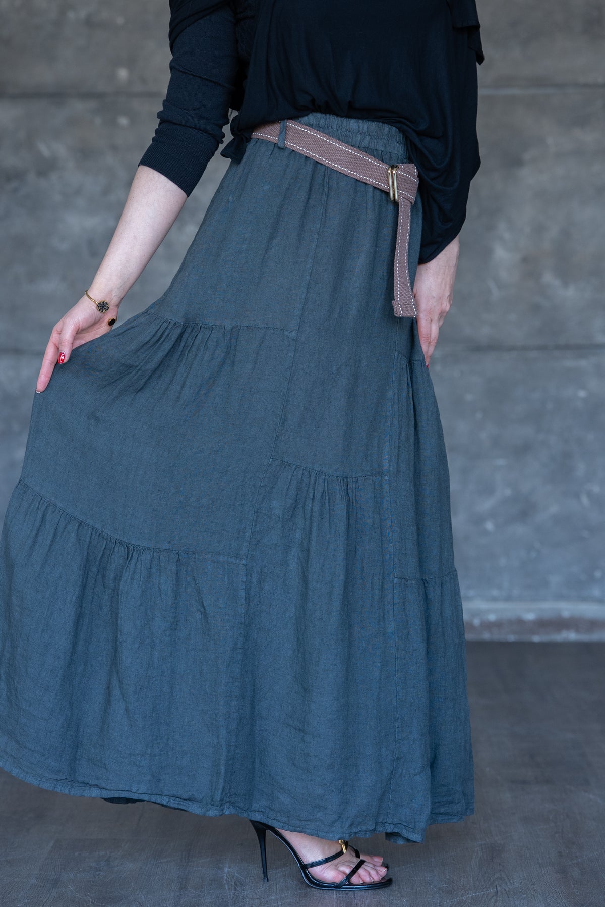 Charcoal Tiered Linen Maxi Skirt