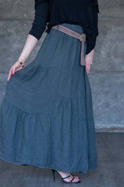 Charcoal Tiered Linen Maxi Skirt