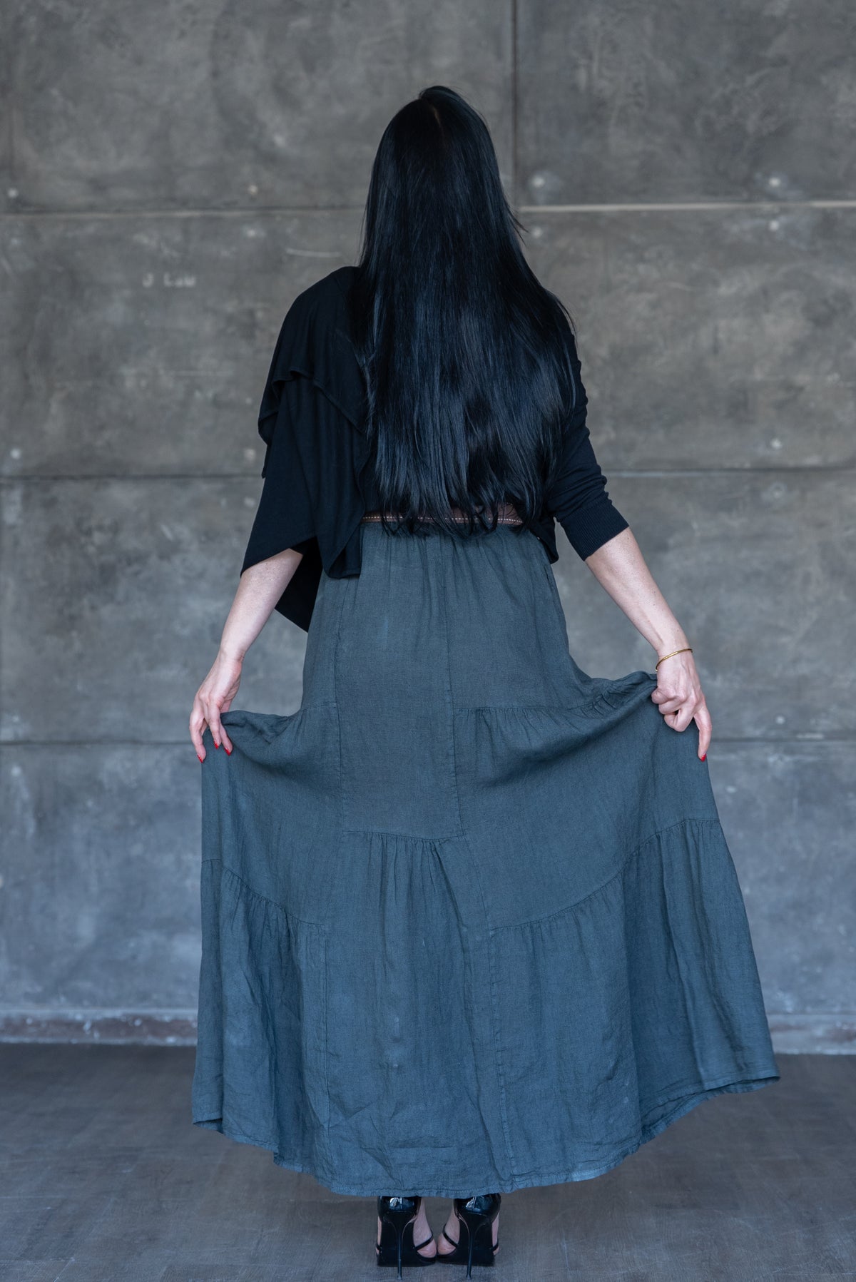 Charcoal Tiered Linen Maxi Skirt