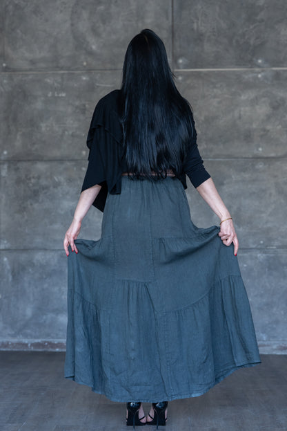 Charcoal Tiered Linen Maxi Skirt