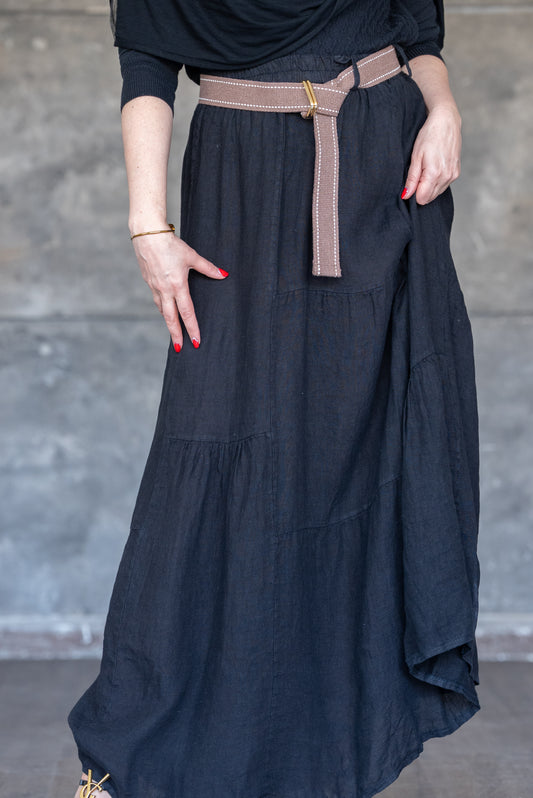 Black Tiered Maxi Skirt in Lightweight Linen
