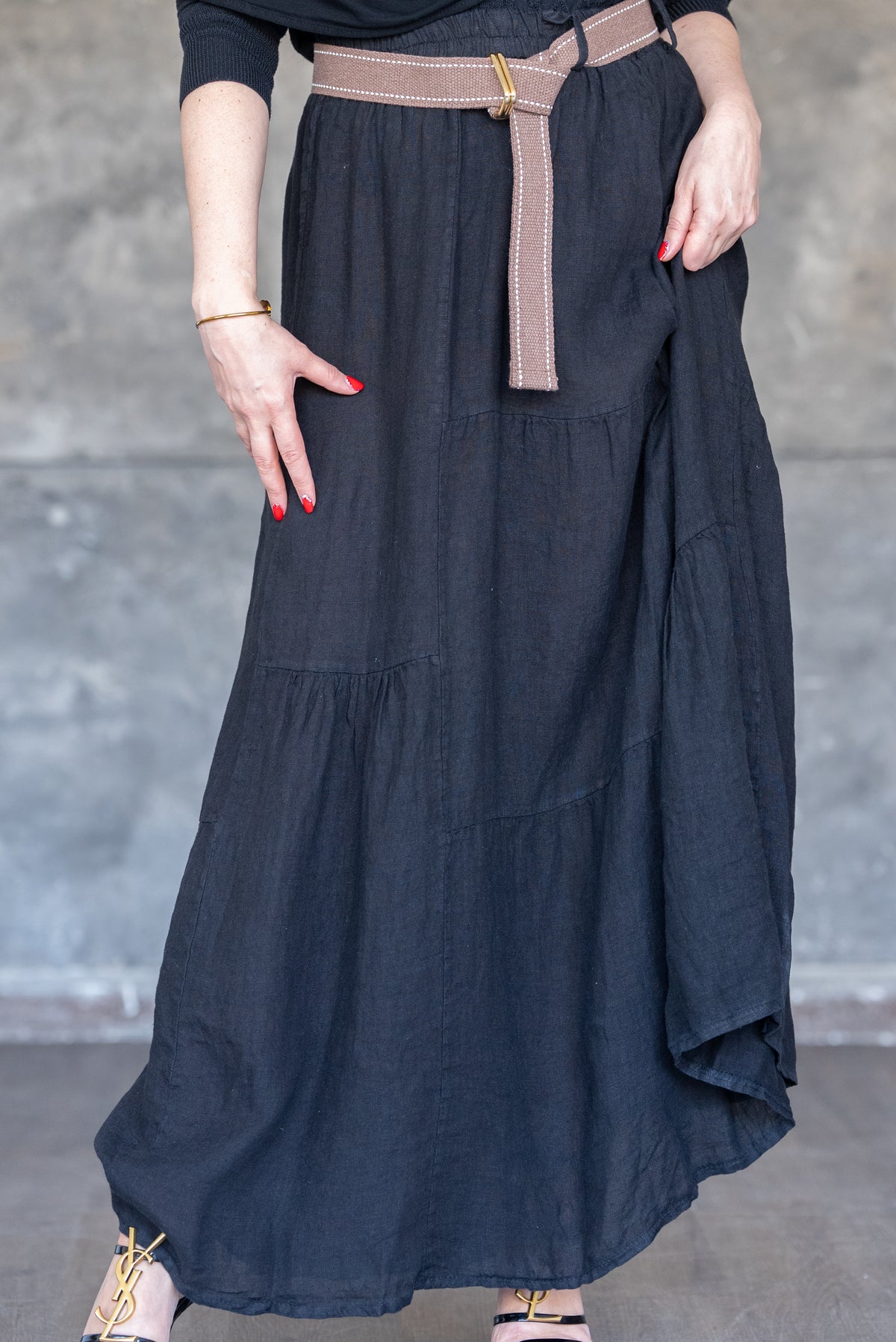 Black Tiered Linen Maxi Skirt