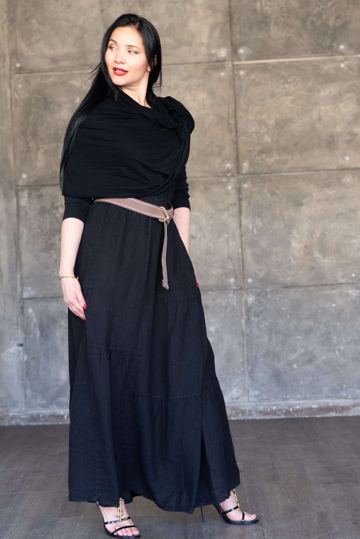 Black Tiered Linen Maxi Skirt