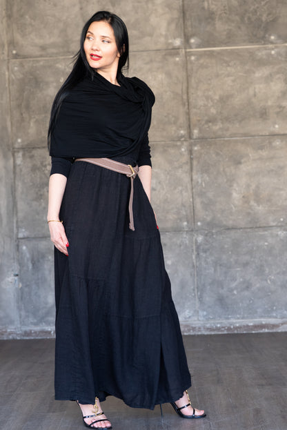 Black Tiered Linen Maxi Skirt