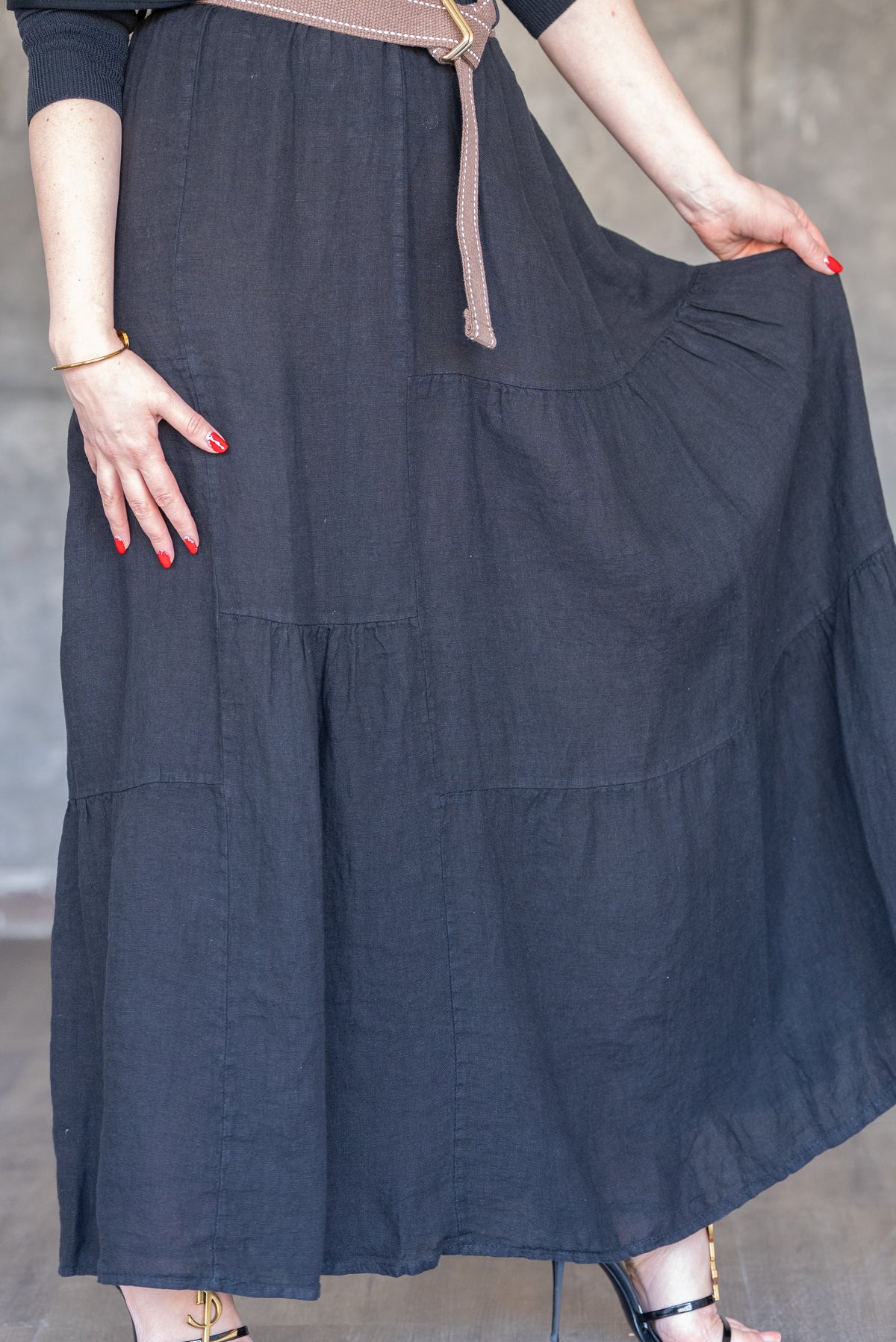 Black Tiered Linen Maxi Skirt
