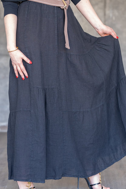 Black Tiered Linen Maxi Skirt