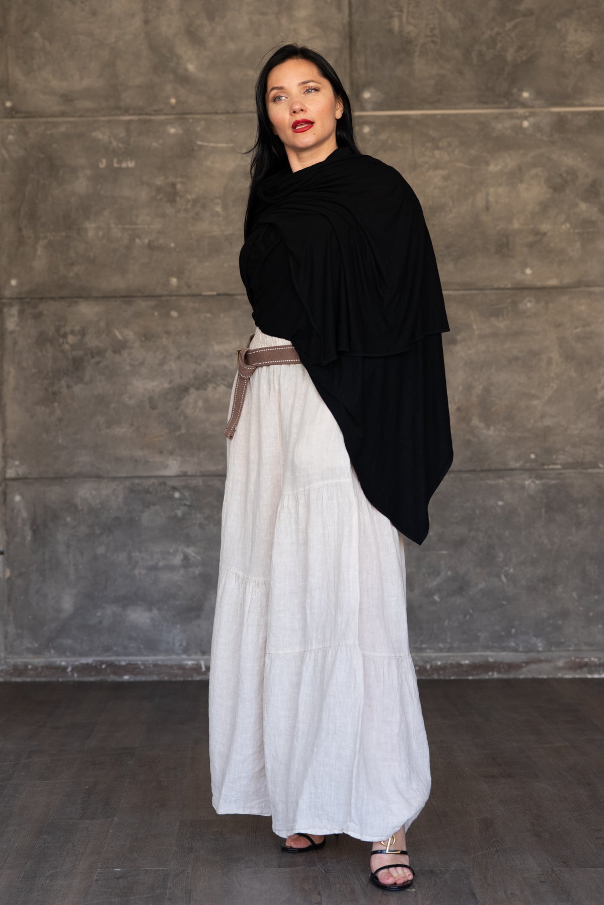 Beige Tiered Linen Maxi Skirt