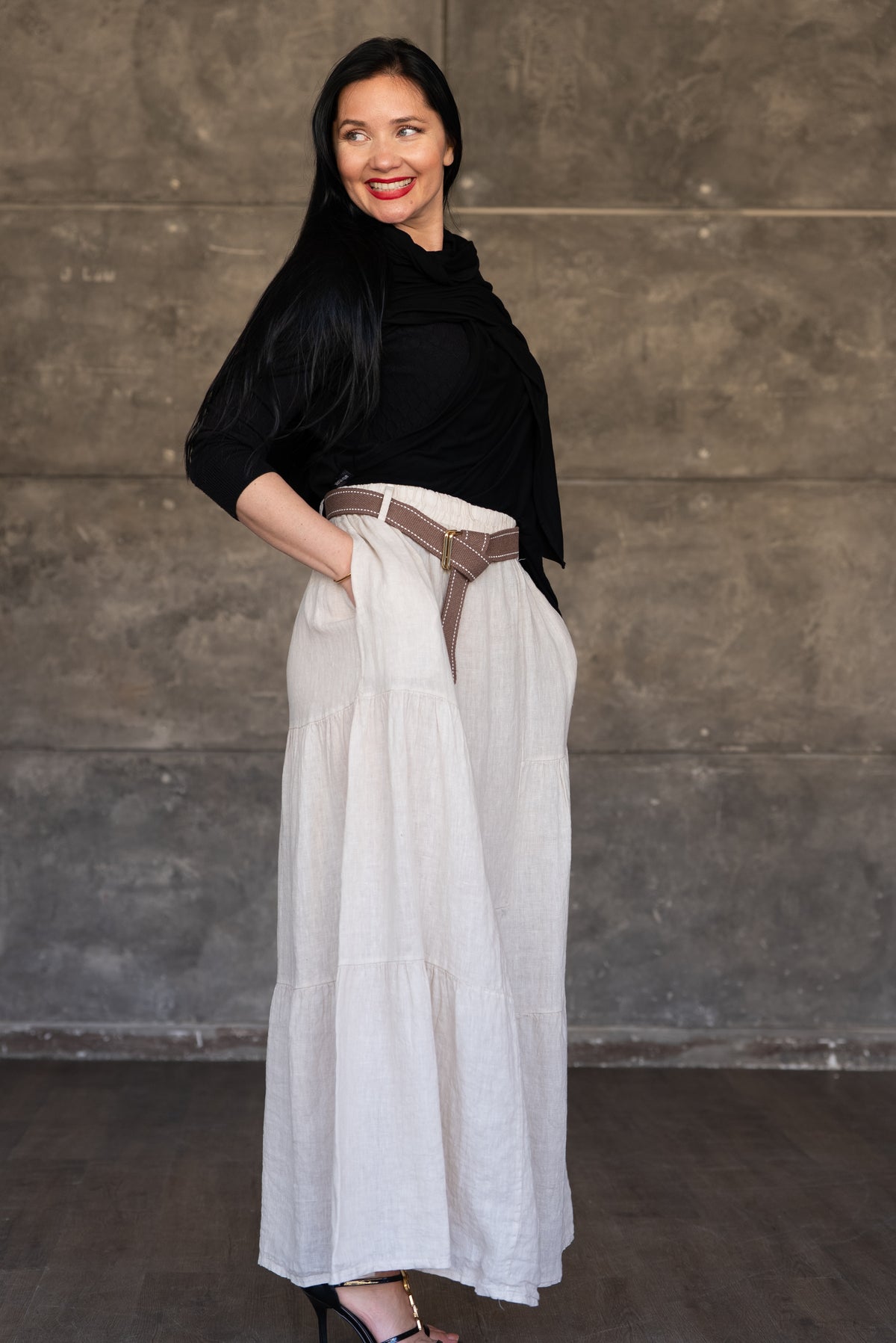 Beige Tiered Linen Maxi Skirt