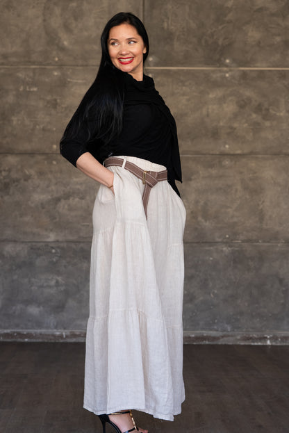 Beige Tiered Linen Maxi Skirt