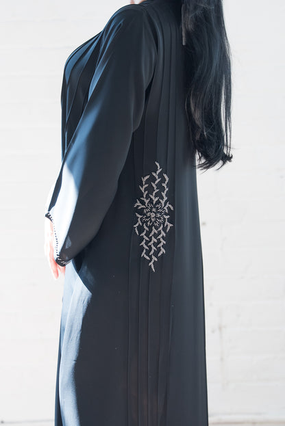 Gorgena Black Embroidered Pleated Nida Abaya