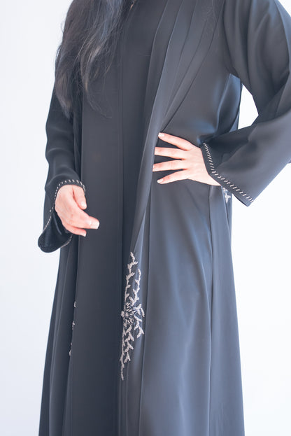 Gorgena Black Embroidered Pleated Nida Abaya