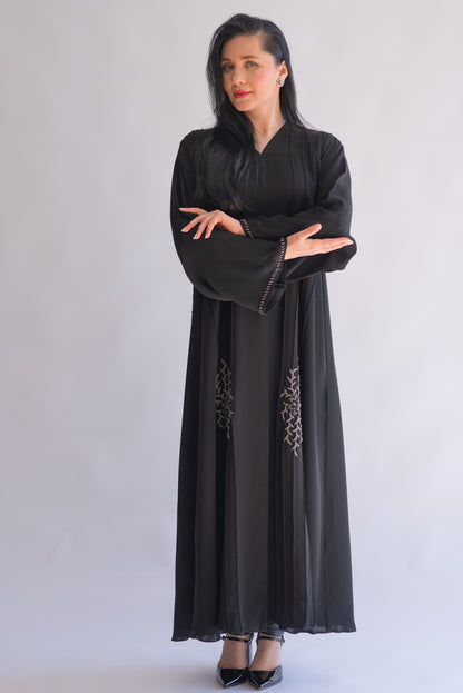 Gorgena Black Embroidered Pleated Nida Abaya