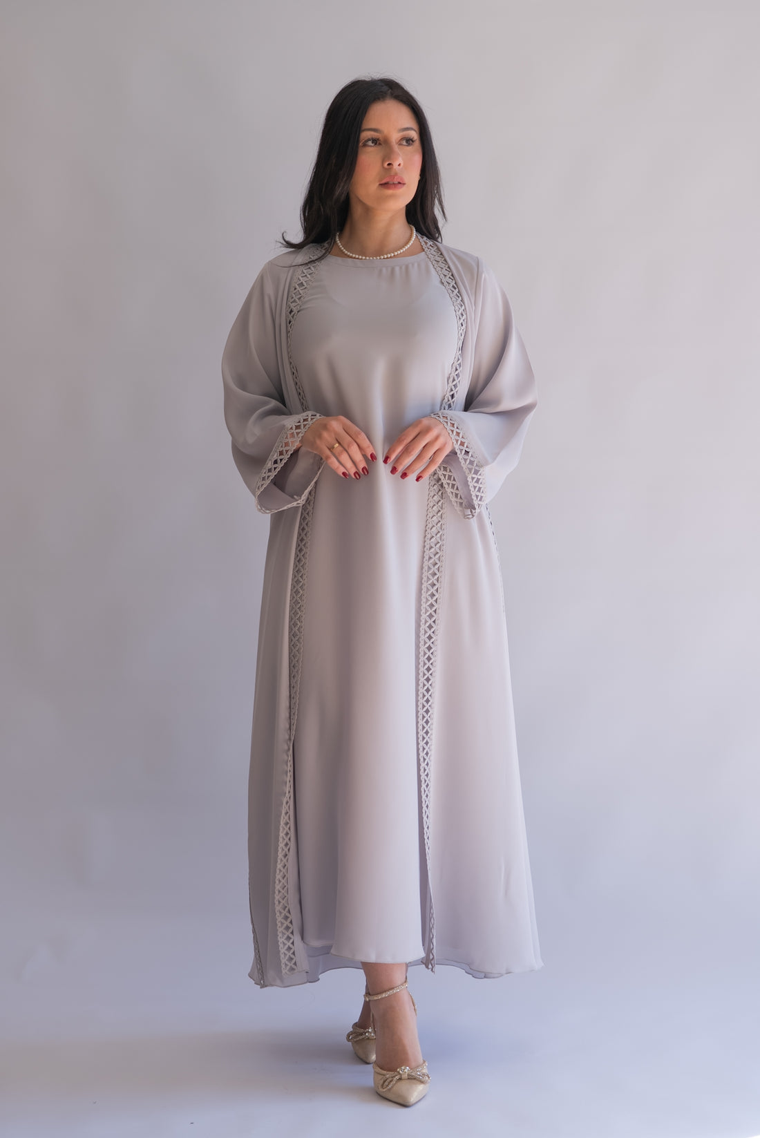 2 Pieces Silver Gray Net Abaya With Sheila