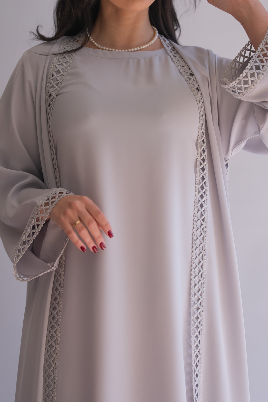 2 Pieces Silver Gray Net Abaya With Sheila