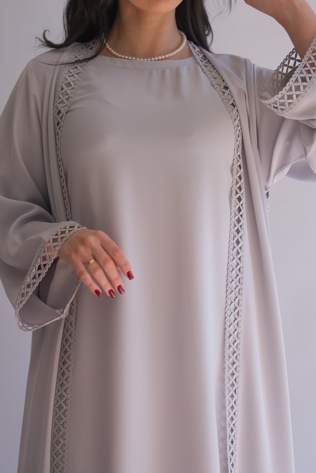 2 Pieces Silver Gray Net Abaya With Sheila