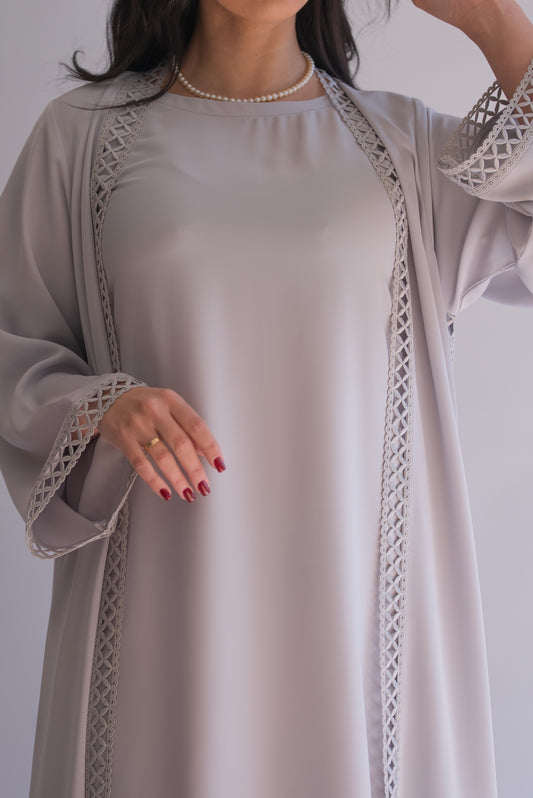 2 pieces silver gray net abaya with sheila