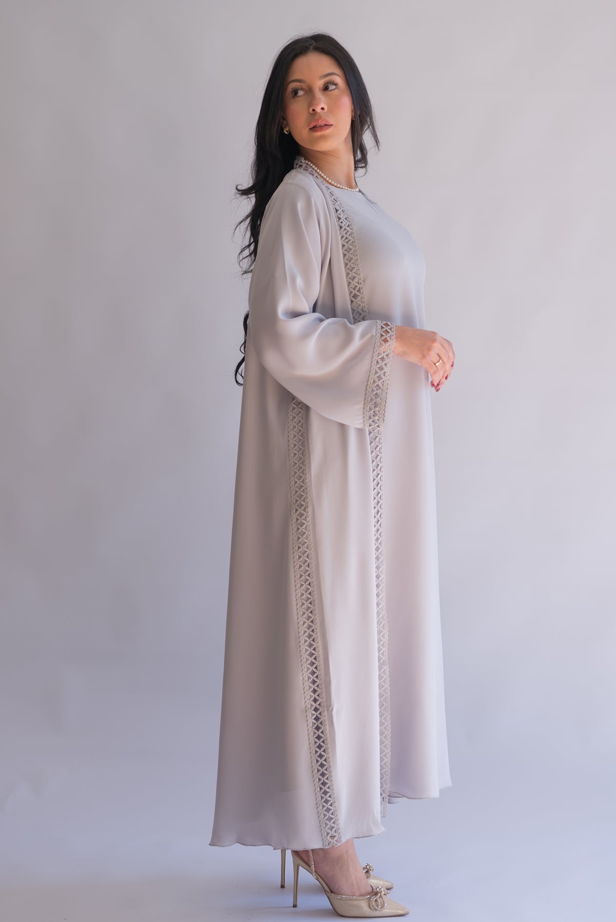 2 Pieces Silver Gray Net Abaya With Sheila