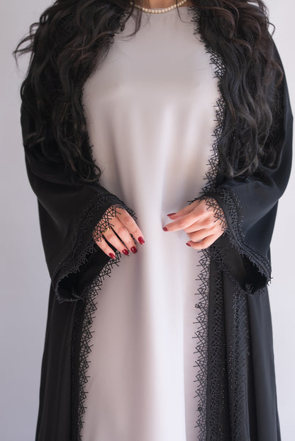 Gessy Black Nida Abaya with Lace Trim and Sheila