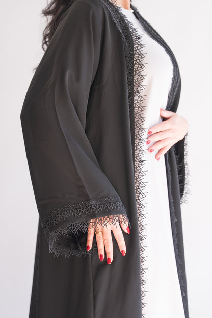 Gessy Black Nida Abaya with Lace Trim and Sheila