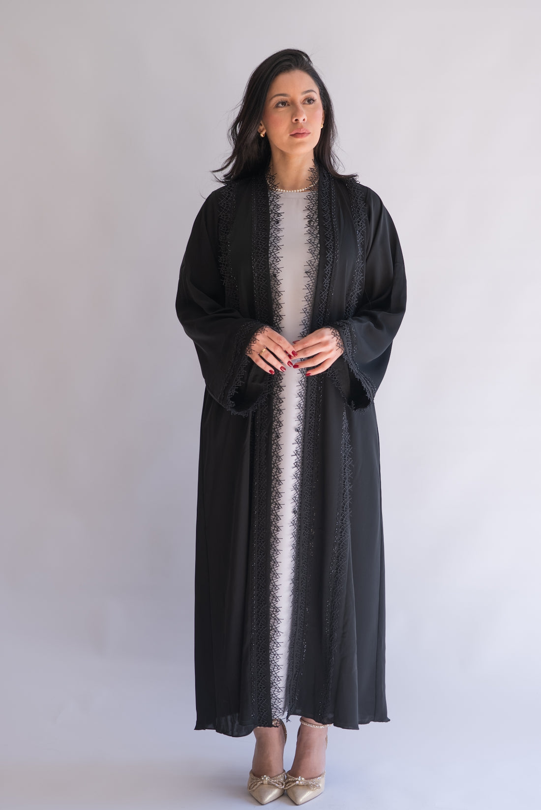 Gessy Black Nida Abaya with Lace Trim and Sheila