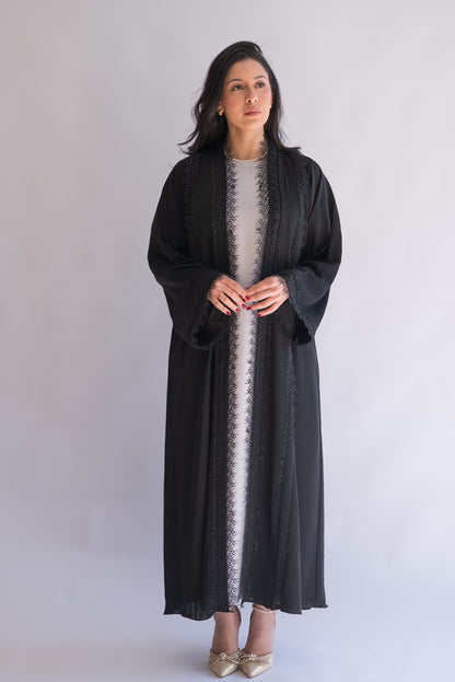 Gessy Black Nida Abaya with Lace Trim and Sheila