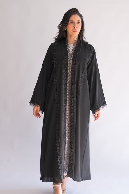Gessy Black Nida Abaya with Lace Trim and Sheila
