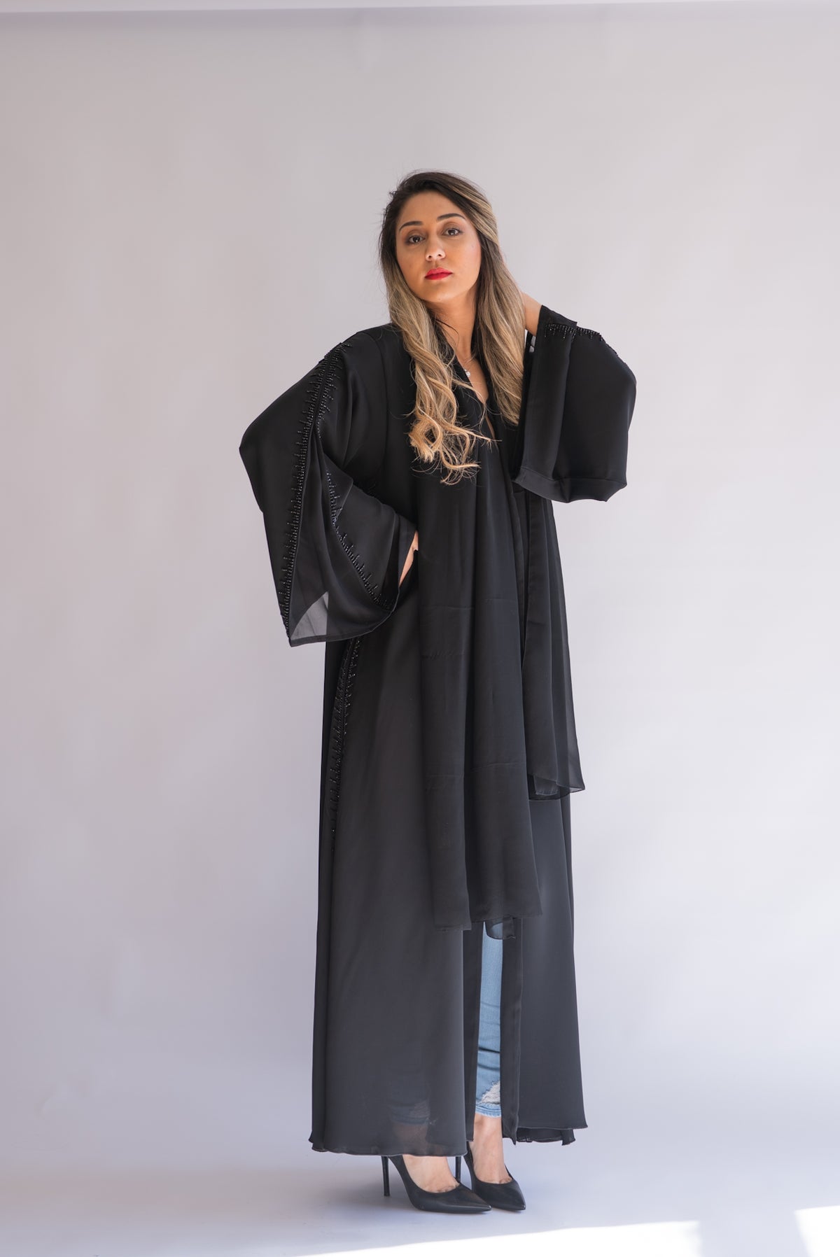 Kayan Black Beaded Abaya with Sheer Sleeves