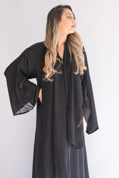Kayan Black Beaded Abaya with Sheer Sleeves