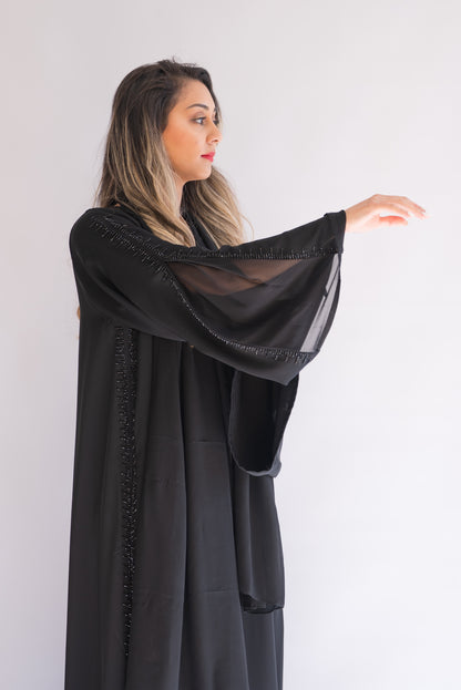 Kayan Black Beaded Abaya with Sheer Sleeves
