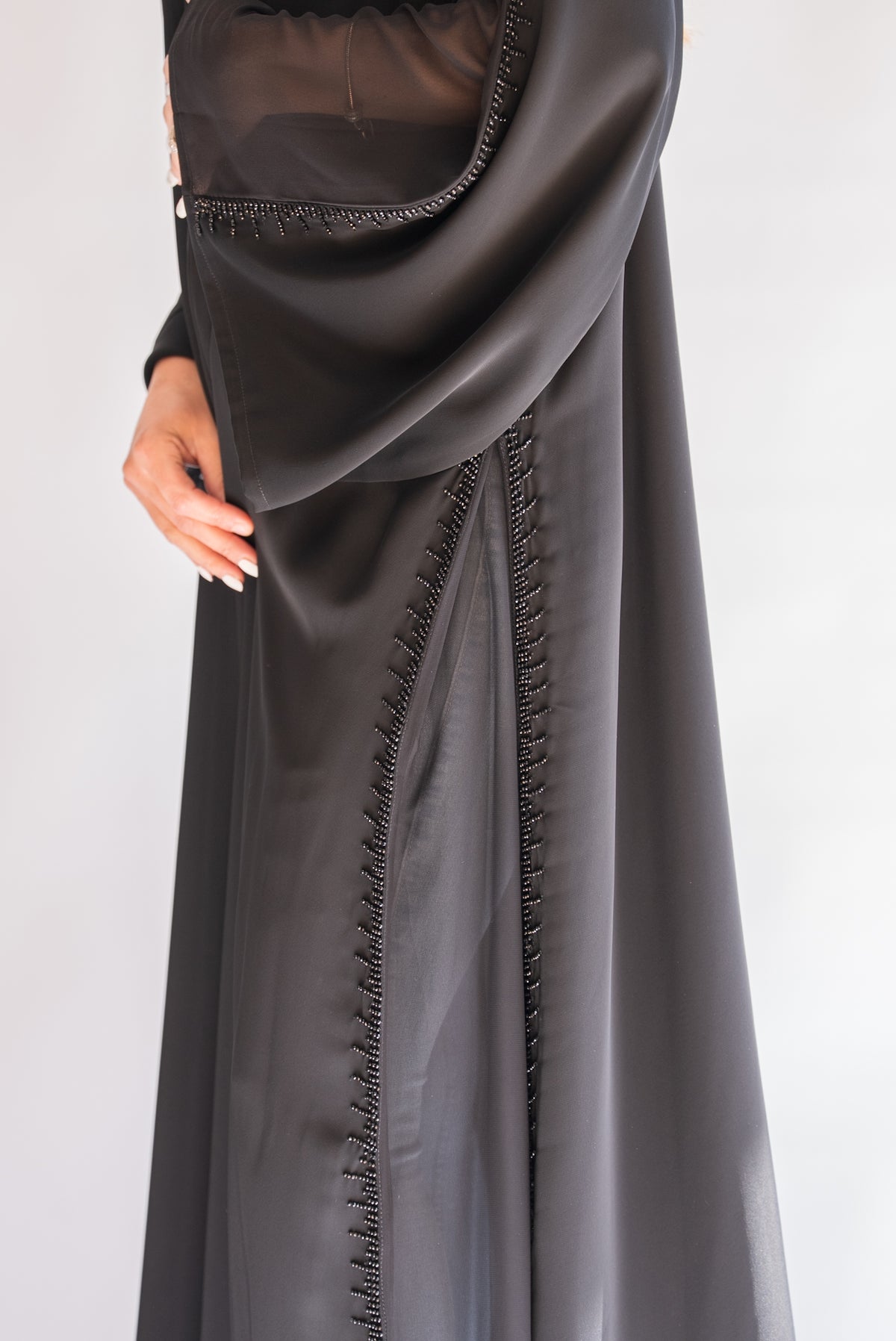Kayan Black Beaded Abaya with Sheer Sleeves