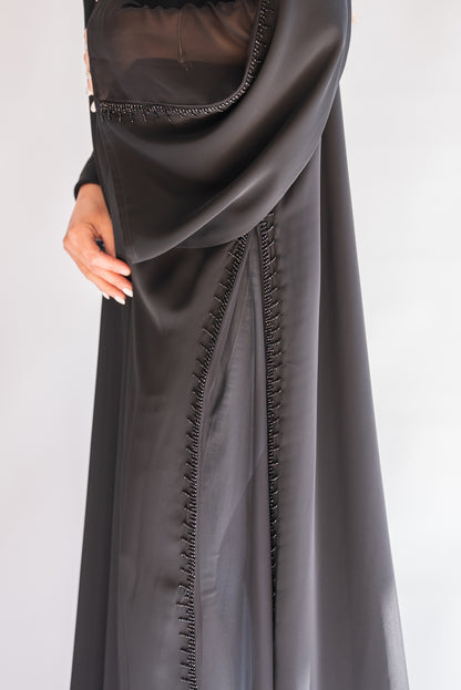 Kayan Black Beaded Abaya with Sheer Sleeves