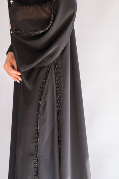 Kayan Black Beaded Abaya with Sheer Sleeves