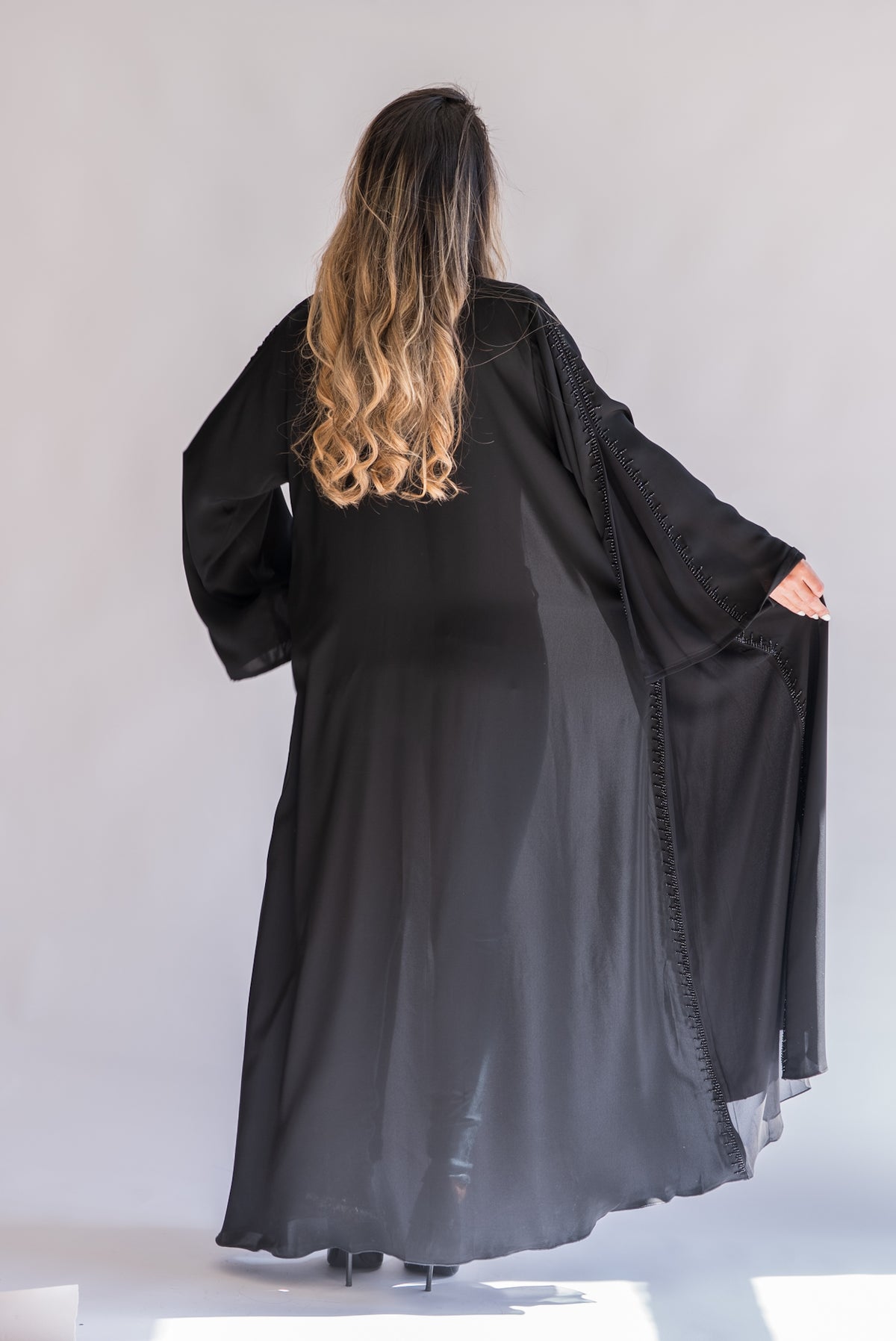 Kayan Black Beaded Abaya with Sheer Sleeves